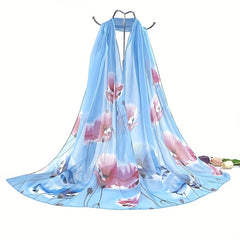 Lotus Print Chiffon Scarf Gradient Thin Gauze Shawl Windproof Head Wrap