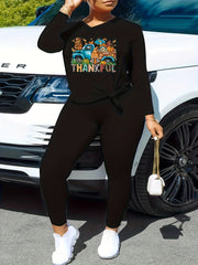 Thanksgiving Casual Outfit 2 Piece Set V Neck Top & Leggings