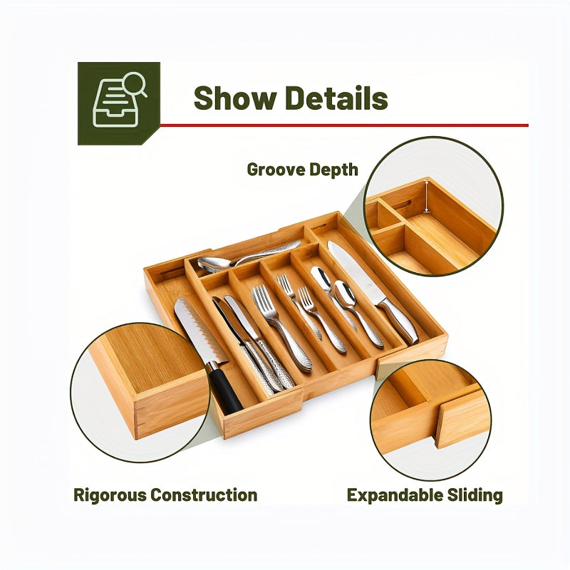 Bamboo Expandable Utensil Holder Drawer Organizer Adjustable Cutlery Tray