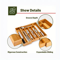 Bamboo Expandable Utensil Holder Drawer Organizer Adjustable Cutlery Tray