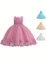 Girls Sleeveless Puffy Princess Dress Flowers Embroidered Tulle Tutu Dress