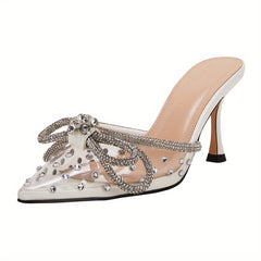 Women's Rhinestone Bow Slip On Stiletto Sandals