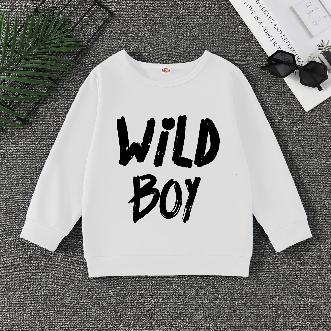 WILD BOY Letter Print Boys Casual Pullover Sweatshirt Long Sleeve Tops