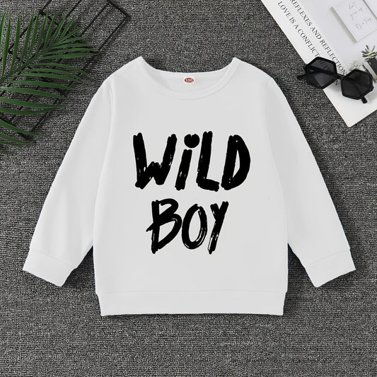 WILD BOY Letter Print Boys Casual Pullover Sweatshirt Long Sleeve Tops