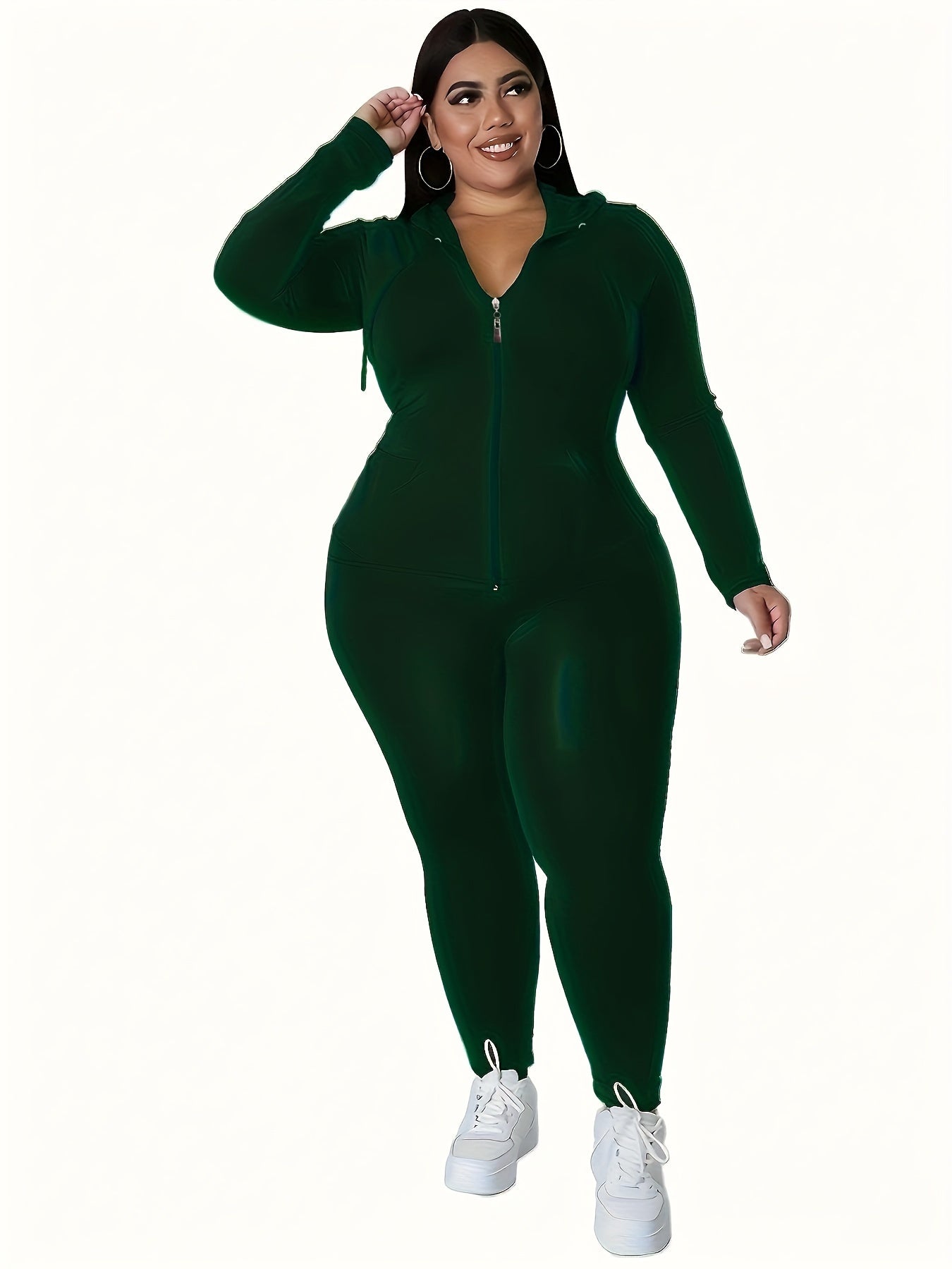 Solid Zip Up Hoodie & Pants Set Women's Plus Medium Stretch Sportswear
