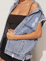 Ripped Denim Vest Distressed Button Lapel Denim Jackets Women's Clothing