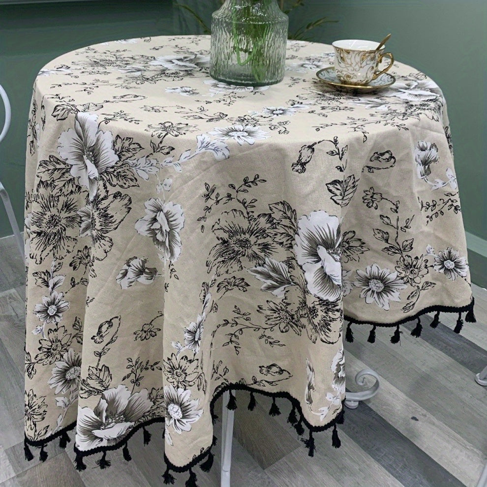 Floral Round Tablecloth Cotton Linen Table Cloth With Tassels