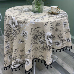 Floral Round Tablecloth Cotton Linen Table Cloth With Tassels