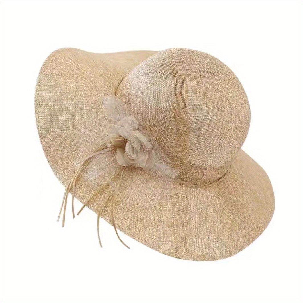 Floppy Mesh Breathable Sun Hat Flower Decor Solid Bucket Hat