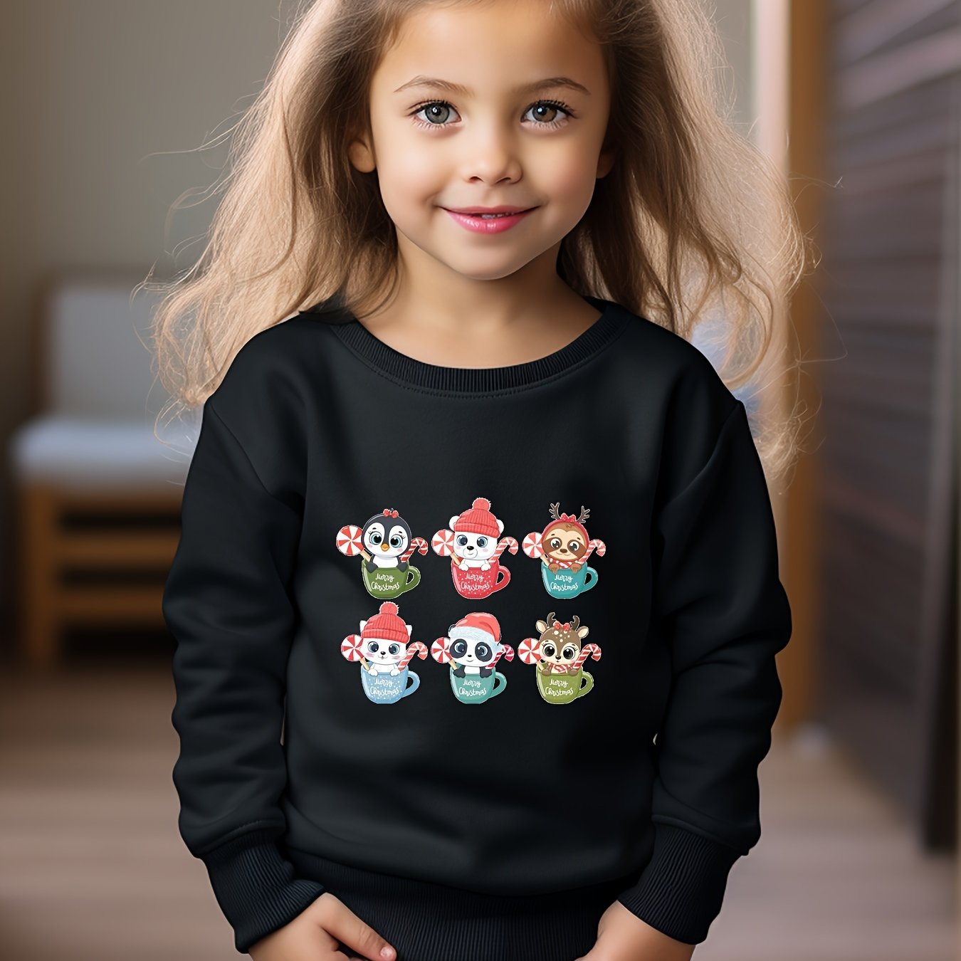 Merry Christmas Animals Print Girls Casual Pullover Sweatshirt