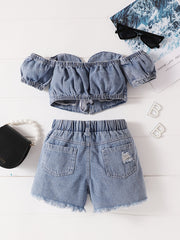 Girls Off Shoulder Denim Top & Ripped Shorts Set