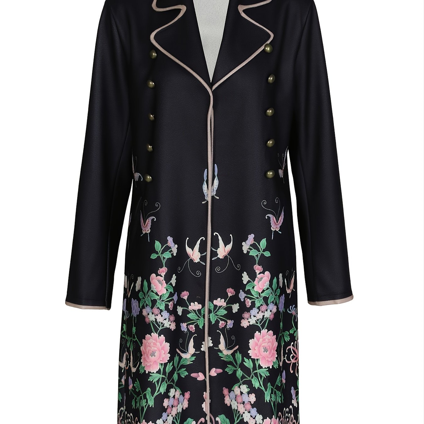 Floral Print Mid Length Coat Lapel Long Sleeve Button Coat