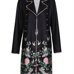 Floral Print Mid Length Coat Lapel Long Sleeve Button Coat