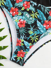 Tankini Set V Neck Backless Halter Top & Tropical Print Panty Swimsuit