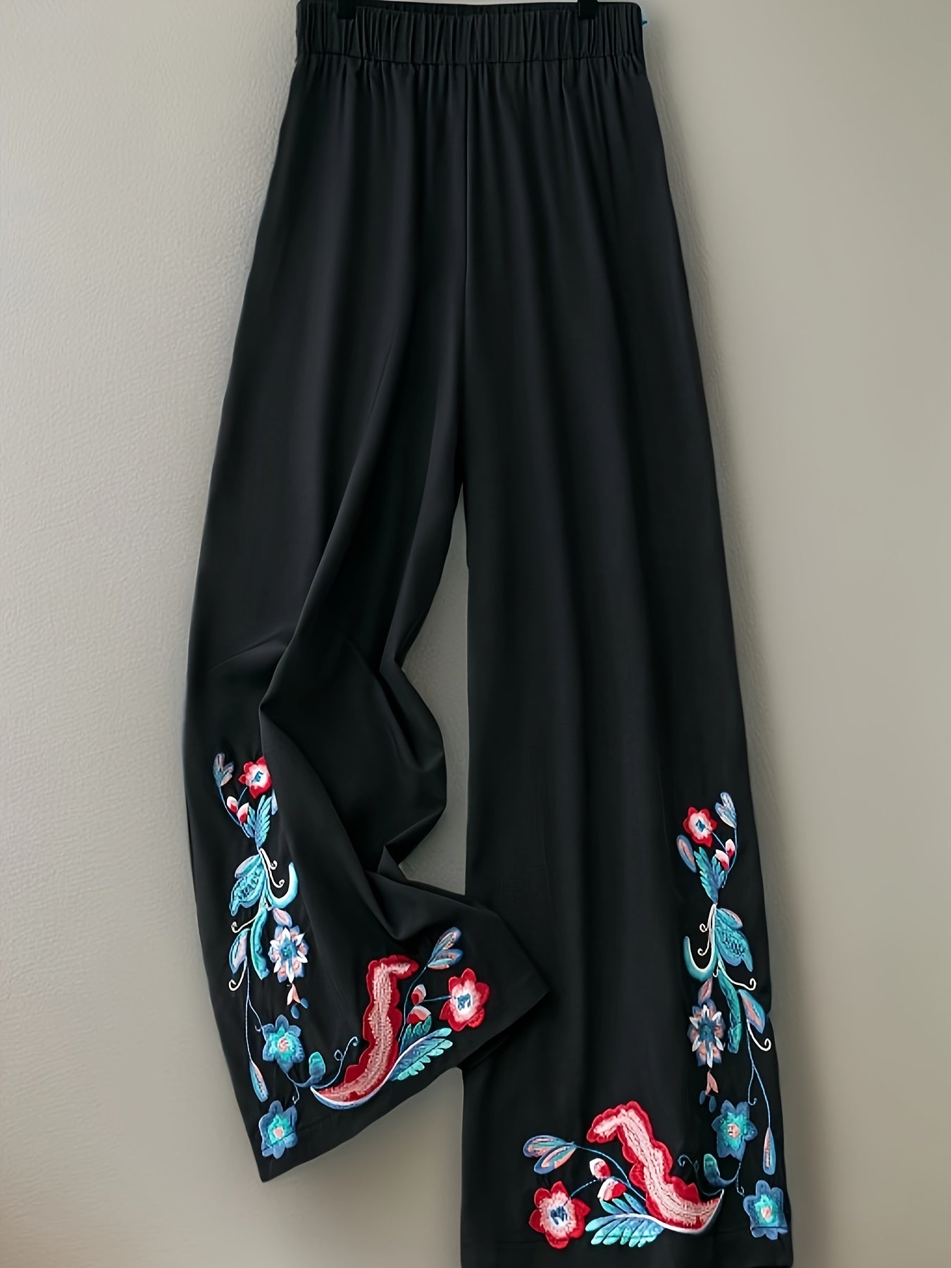 Ethnic Style Pants Women's Plus Floral Embroidery Wide Leg Trousers