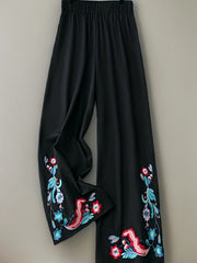 Ethnic Style Pants Women's Plus Floral Embroidery Wide Leg Trousers