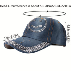 Smiley Face Rhinestone Baseball Cap Y2K Washed Distressed Denim Hat