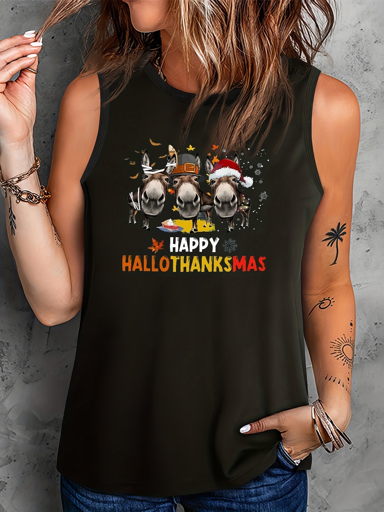 Gnomes & Bat Print Round Neck Tank Top