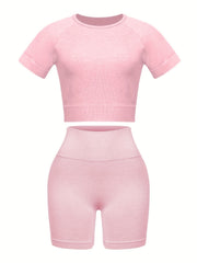2pcs Stretchy Crop Top & Biker Shorts for Women Gym Workout Set