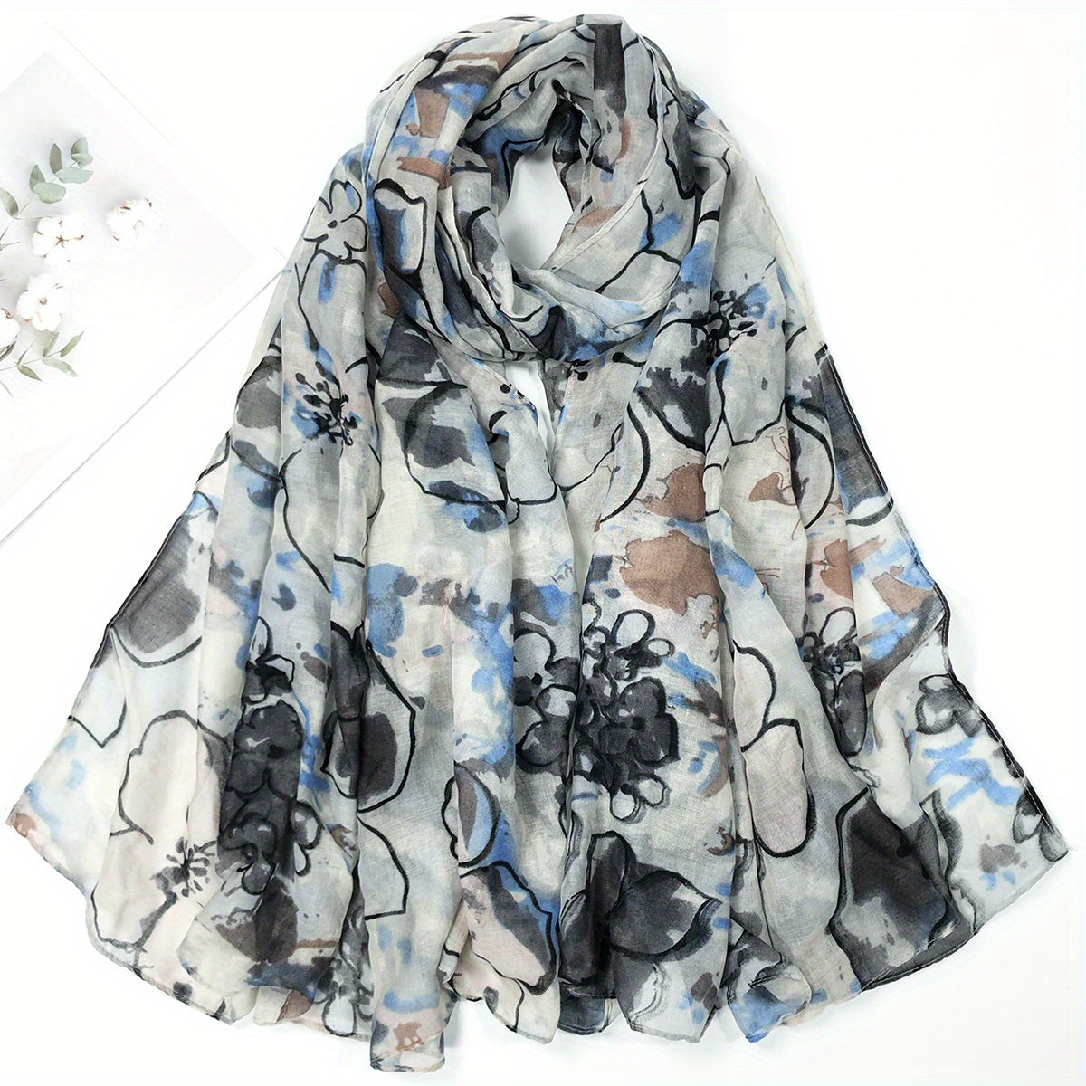 Gray Flower Print Scarf Vintage Tie Dye Shawl Lightweight Casual Head Wrap