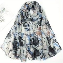 Gray Flower Print Scarf Vintage Tie Dye Shawl Lightweight Casual Head Wrap