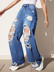 Distressed Straight Leg Jeans High Rise Wide Legs