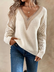 Hollow Guipure Lace Knit Sweater V Neck Long Sleeve Casual