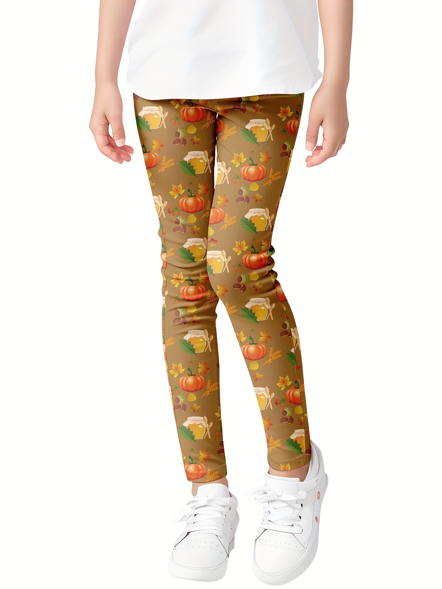 Girls' Thanksgiving Leggings with Turkey Pumpkin Dwarf Pattern