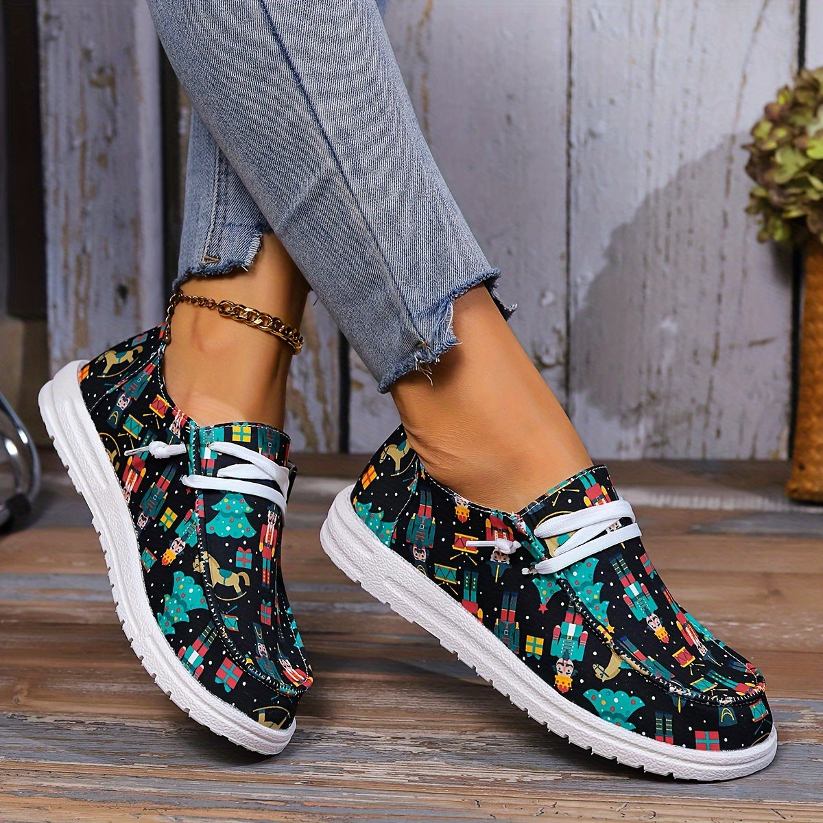 Women's Skateboard Shoes with Nutcracker Christmas Tree Wooden Horse Pattern