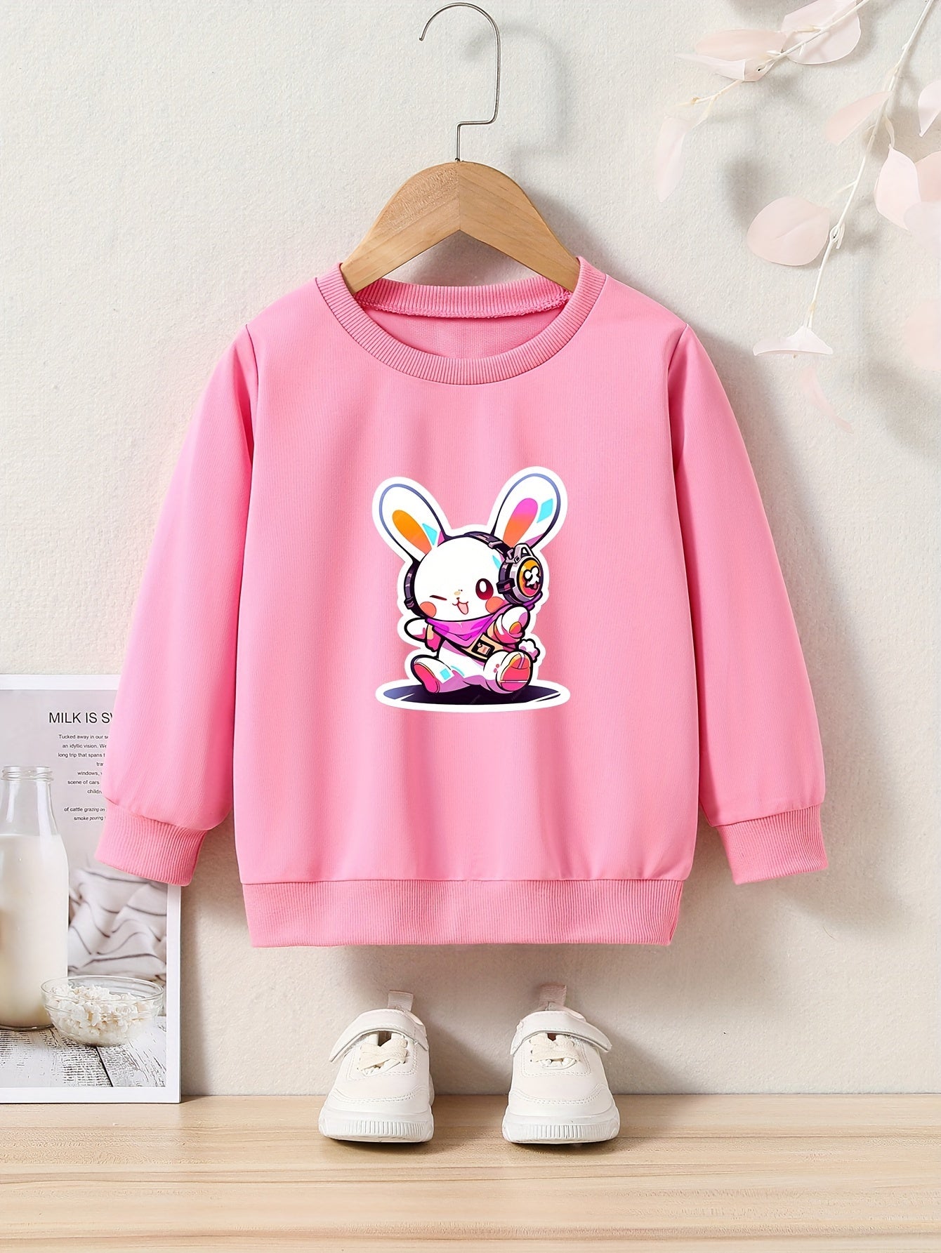 Bunny Print Girls Casual Pullover Sweatshirt Long Sleeve Crew Neck Tops