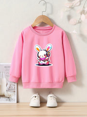 Bunny Print Girls Casual Pullover Sweatshirt Long Sleeve Crew Neck Tops