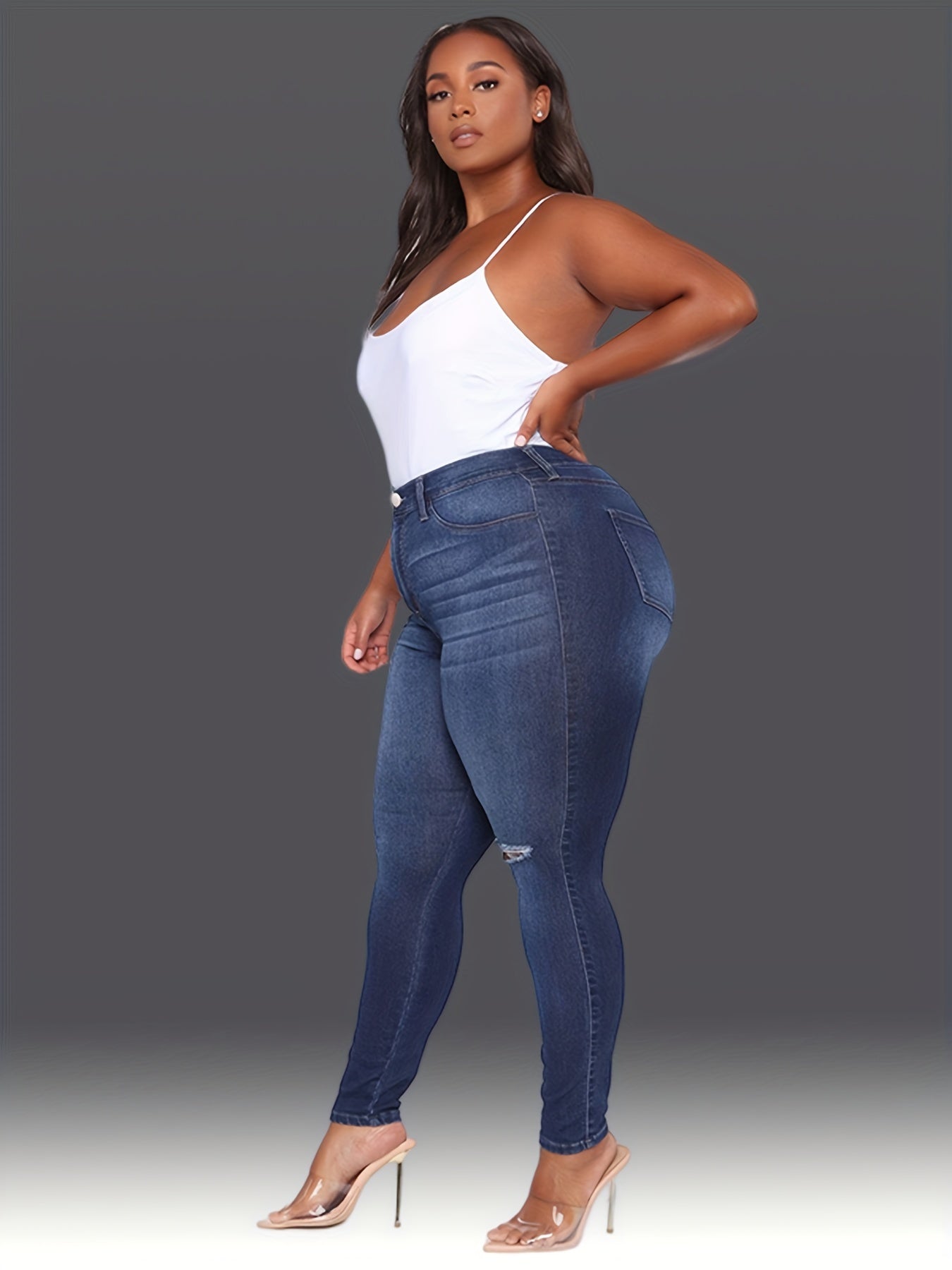 Navy Ripped Holes Skinny Jeans Slim Fit High Stretch Curvy Denim Pants