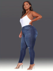 Navy Ripped Holes Skinny Jeans Slim Fit High Stretch Curvy Denim Pants