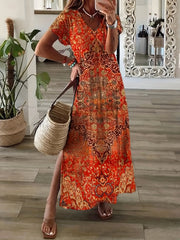 Tribal Print V-Neck Split Maxi Dress