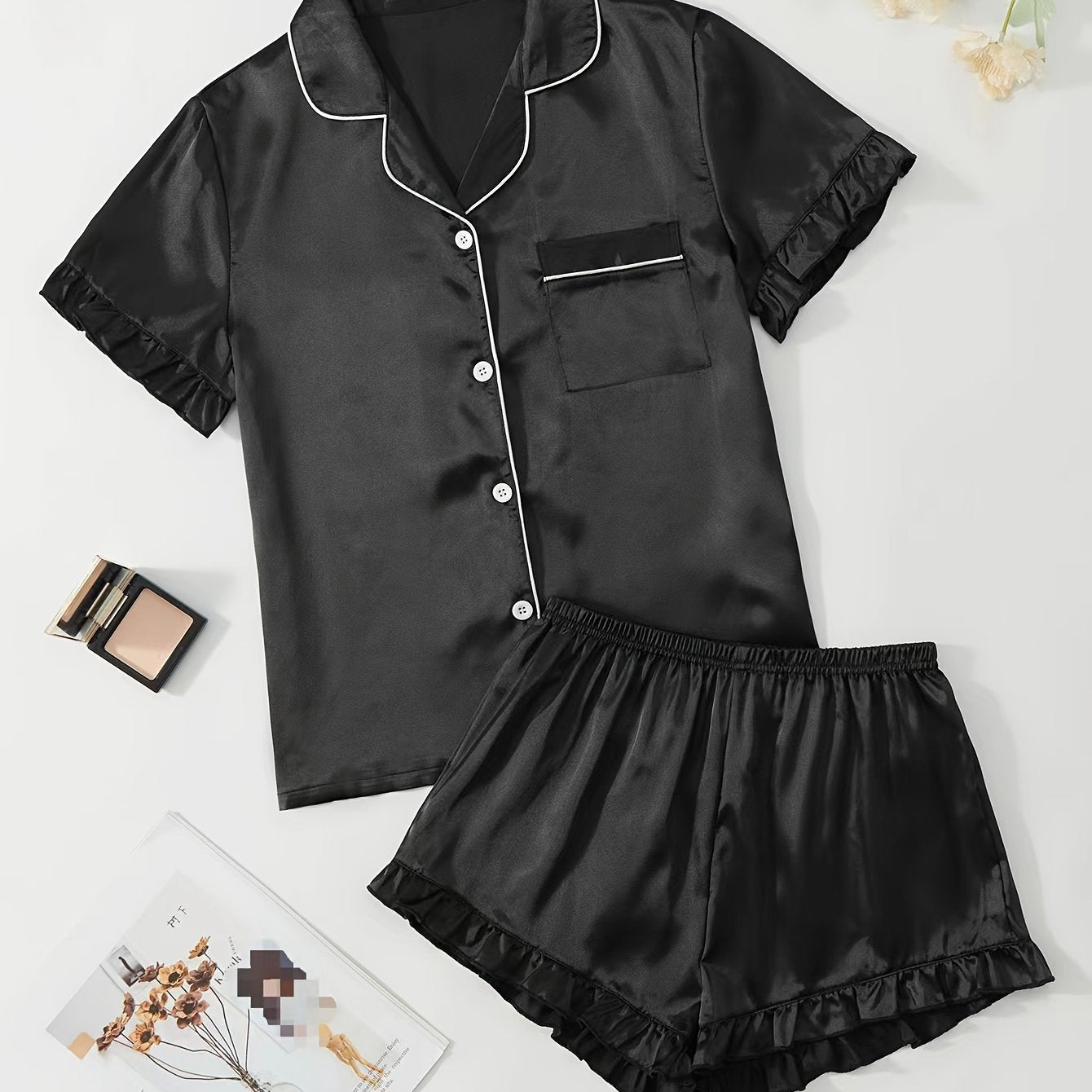Satin Pajama Set Short Sleeve Top & Ruffle Shorts