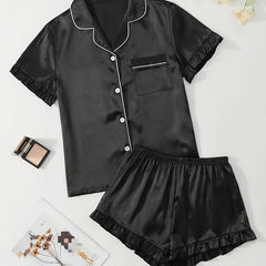Satin Pajama Set Short Sleeve Top & Ruffle Shorts