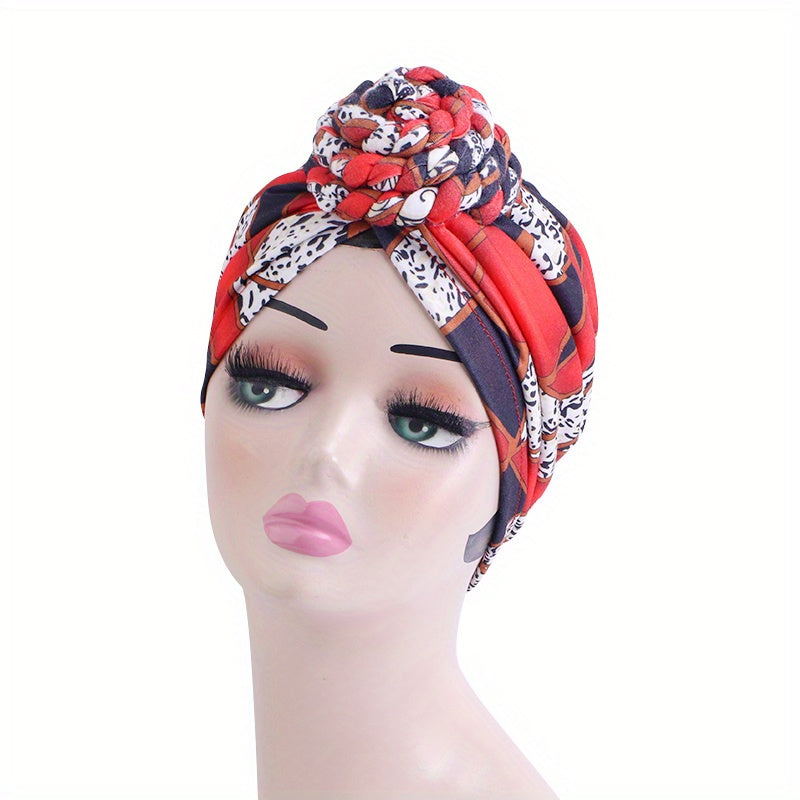 Boho Print Pleated Turban Cap Braided Twist Bonnet Head Wrap Head Scarf Beanie