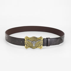 Leather Braided Pattern Belt With Ox Head and Star Carving Button