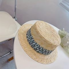 Wheat Straw Flat Top Straw Hat Men Women Vacation Floral Patched Top Hat
