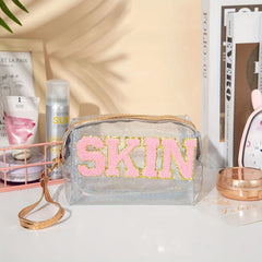 Preppy Makeup Bag Organizer With Embroidery Letter Patch