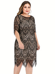 Women's Lace Floral Trim Half Sleeve Midi Dress