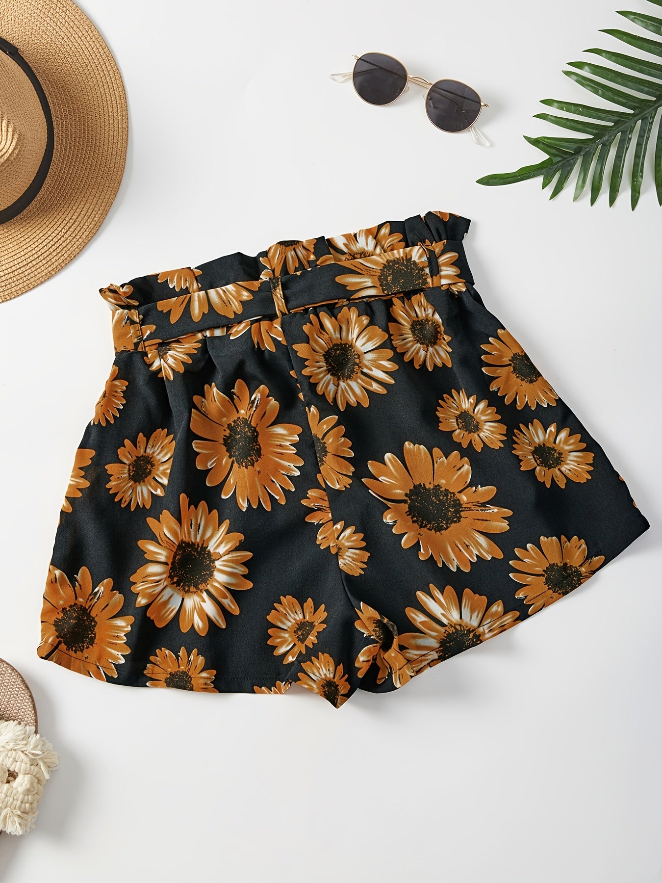 Sunflower Print Tie Waist Shorts for Spring & Summer