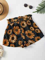 Sunflower Print Tie Waist Shorts for Spring & Summer