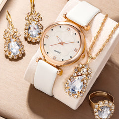 5pcs Junior High School Students Digital Leather Quartz Wrist Watch Set