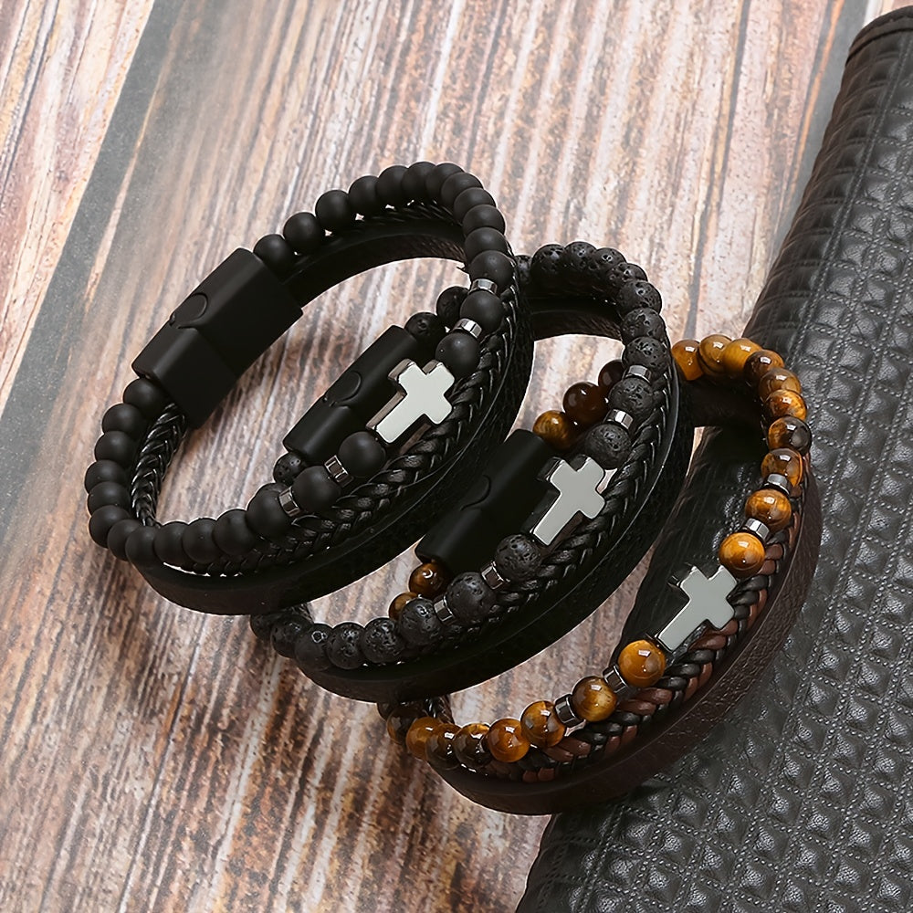 Men's Stone Stainless Steel Leather Cross Bracelet