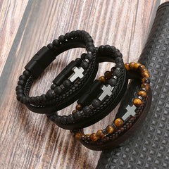 Men's Stone Stainless Steel Leather Cross Bracelet