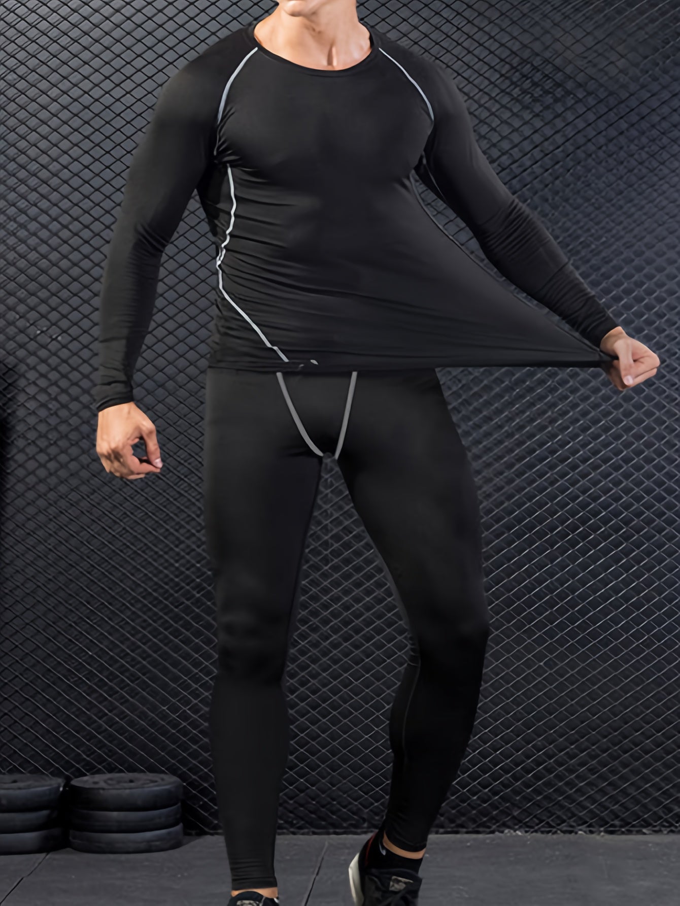 Men's Solid 2-Piece Sportswear Set Long Sleeve T-Shirt & Legging Gym Fitness
