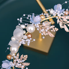 Pearl Floral Headband Golden Leaf Tiara Headgear