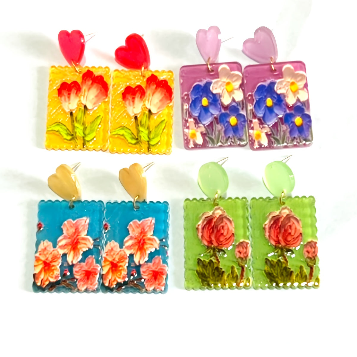4 Pairs Flower Floral Rectangular Stud Earrings Set