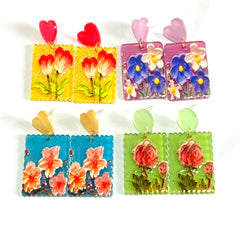 4 Pairs Flower Floral Rectangular Stud Earrings Set